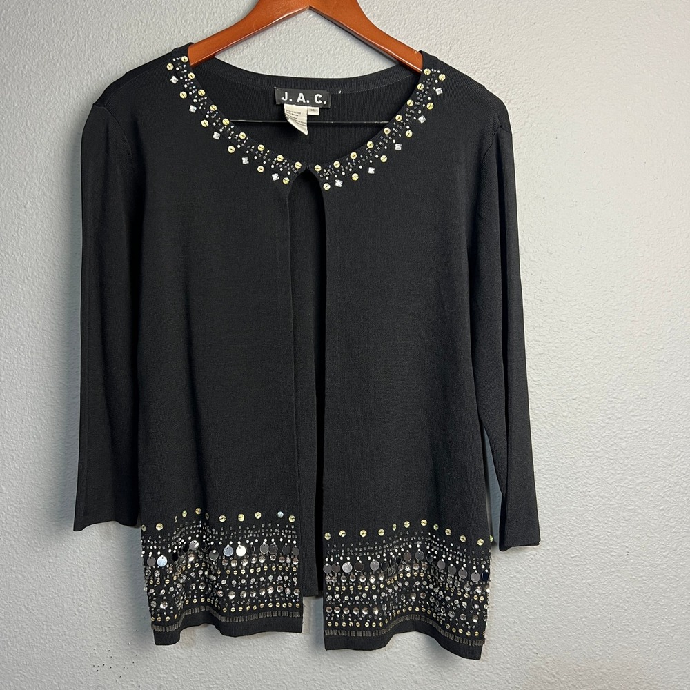 Vtg J.A.C. Black Embellished Cardigan XL Sequin Beaded Elegant Career Granny‎